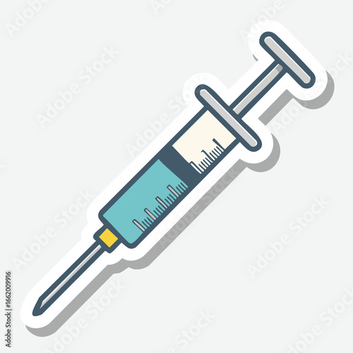 Illustration of a medical syringe with a needle, filled with blue liquid, ready for injection.