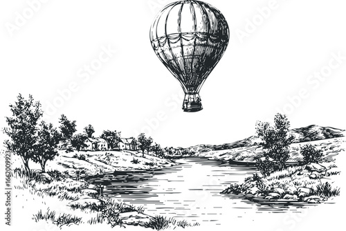 Vintage hot air balloon floats over a serene countryside with a winding river