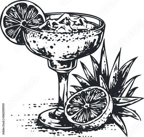 Stylized Sketch of a Cocktail with Citrus and Tropical Leaves