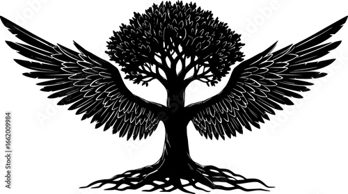 Abstract black tree silhouette with winged roots, a nature vector art design
