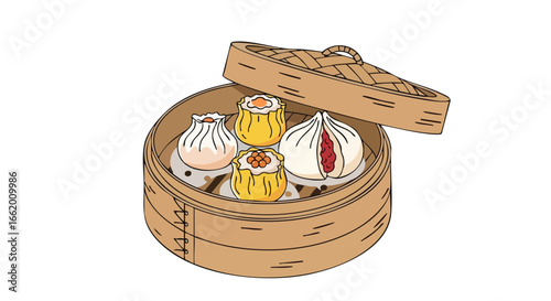Delicious Dim Sum Assortment Served in Traditional Steamer Basket for Culinary Illustration Delightful Asian Cuisine  Served and Enjoyed, Asian