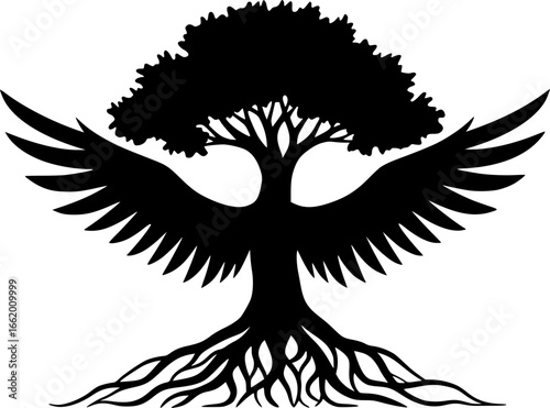 Abstract black tree silhouette with winged roots, a nature vector art design
