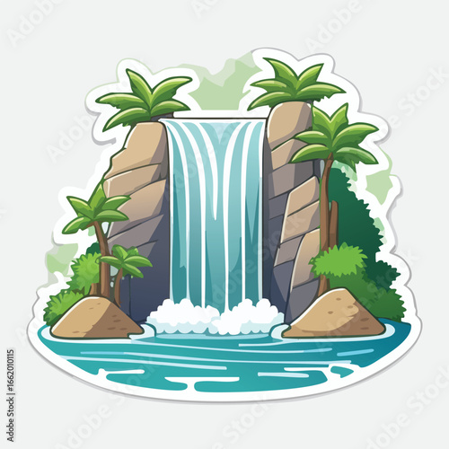 Cartoon illustration of a tropical waterfall cascading into a serene blue pool with palm trees.
