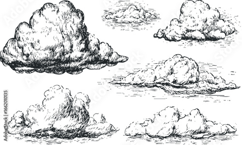 Collection of Hand Drawn Cumulus Clouds in Sketch Style