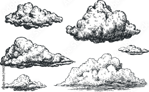 Collection of Textured Cumulus Clouds Rendered in Vintage Sketch Style