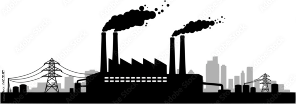 Naklejka premium Industrial factory vector icon silhouette with smoke and power towers in a city skyline design