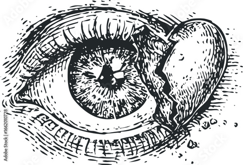 Broken heart imagery overlaying a human eye in a scratchy ink style