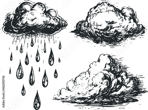Monochromatic sketch of a stormy cloud with falling rain drops