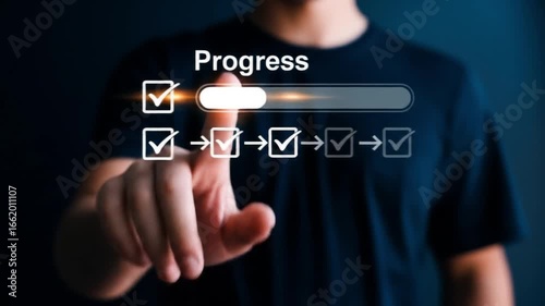 A person's finger touches an interactive digital checklist, updating a glowing progress bar to track project completion