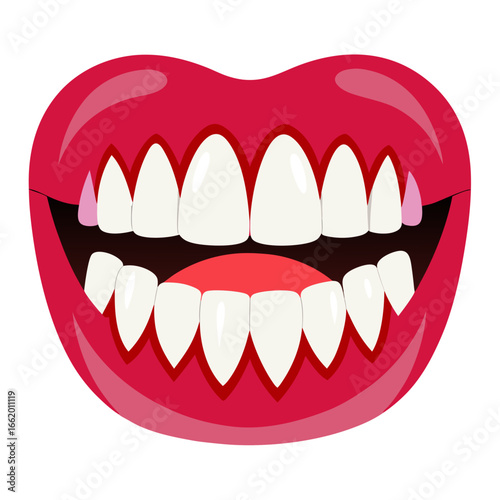 Vibrant red lips parted to reveal a dazzling, perfect smile with gleaming white teeth, conveying confidence, health, and beauty in a striking visual.