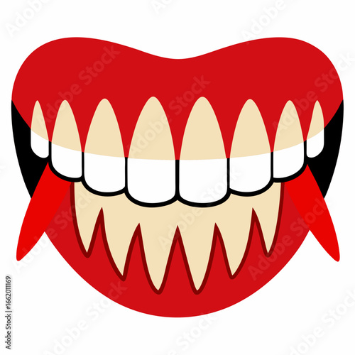 Fierce smiling mouth with sharp fangs and red accents, perfect for Halloween or fantasy themes, conveying a bold and playful character