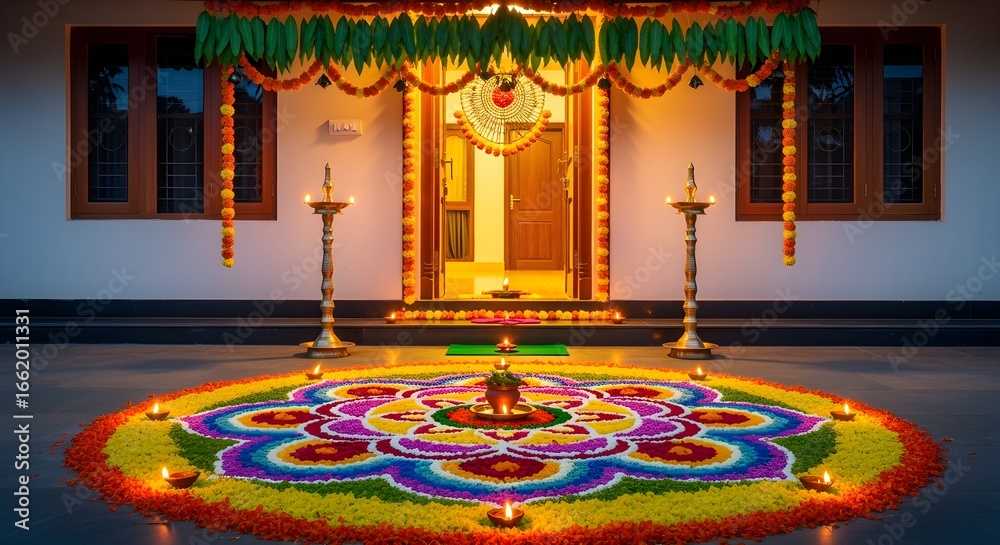 Obraz premium Decorative Onam house entrance with rangoli, thoranam, and glowing lamps.