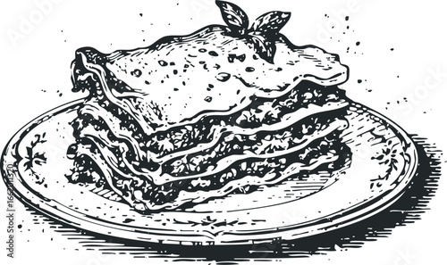 Black and white sketch of a hearty slice of lasagna on a plate