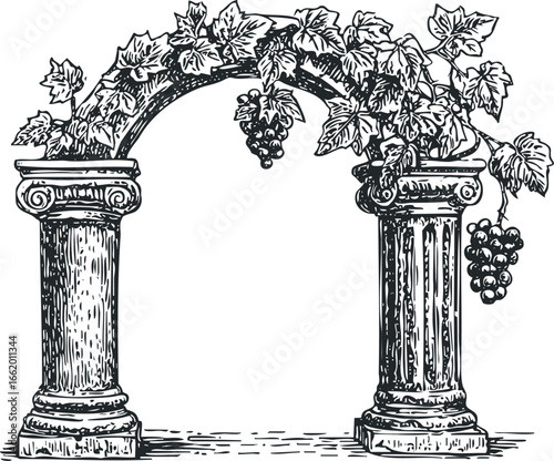 Vintage Archway with Grapes and Classical Columns