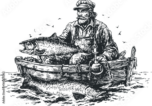 Fisherman in boat with large salmon catch