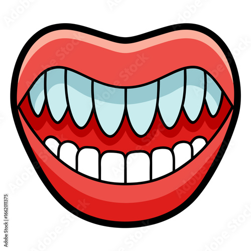 Cartoon mouth with sharp teeth smiling widely, perfect for Halloween designs, dental health campaigns, or creative projects needing a fun, playful element