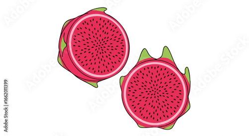 Isolated halves of vibrant dragon fruit showcasing unique pink flesh and tiny black seeds for colorful visual appeal