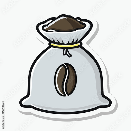Illustration of a bag of coffee beans, filled with ground coffee, ready for brewing.