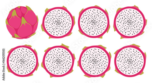 Artistic layout featuring a whole dragon fruit alongside several neatly sliced cross-sections showcasing the fruit's detailed pattern