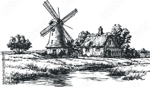 Sketch of a historic windmill and cottage beside a tranquil waterway with lush grass and trees