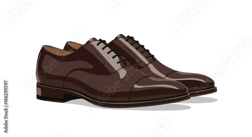 Illustration of a pair of sophisticated brown leather oxford shoes displayed on a pristine background exemplifying men's fashion