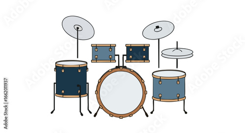 Illustration displaying a vibrant drum kit against a pristine white background, perfect for music enthusiasts, creative projects and rhythmic