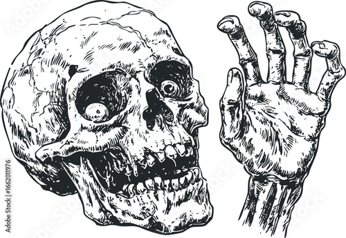 Grayscale Sketch of a Human Skull and Reaching Hand