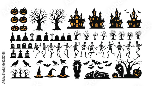 Halloween Element Bundle: An illustrative assembly of Halloween elements including carved pumpkins, spooky trees, gothic castles, gravestones, animated skeletons, cawing crows, witch hats.