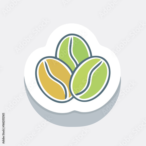 Close-up illustration of three green coffee beans, showing their detailed shape and color.