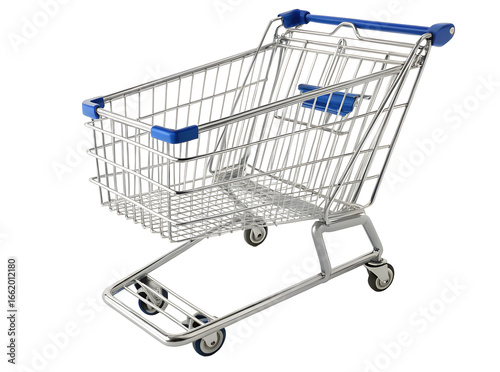Shopping cart chrome metal frame blue handles isolated on a transparent background trolley supermarket