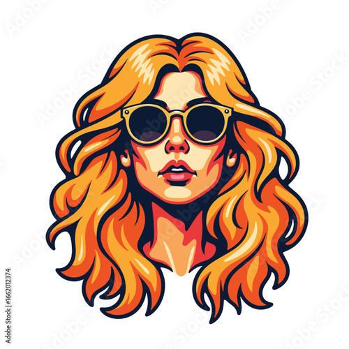 Stylish young woman with wavy hair and sunglasses in vibrant colors  
