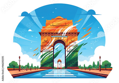 Vibrant India Gate, Delhi, sunrise, artistic rendering, national colors, patriotic.
