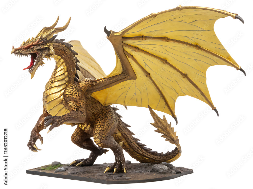 Fototapeta premium Magnificent Golden Dragon Statue with Intricate Details and Powerful Stance Perfect for Fantasy Gaming and Mythical Art