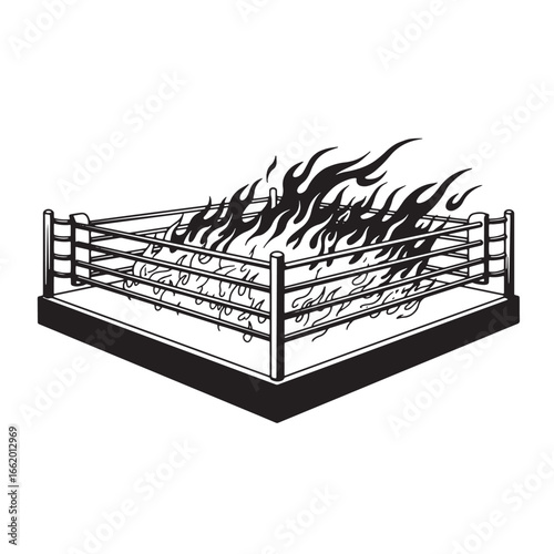 Black and white illustration of a burning boxing ring with flames engulfing the arena