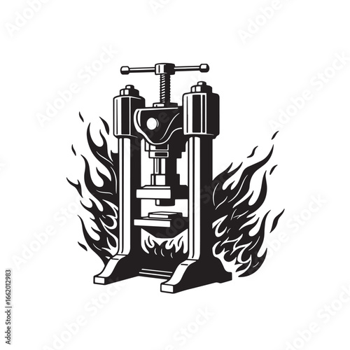 Black and white illustration of a burning press and flames isolated on a white background