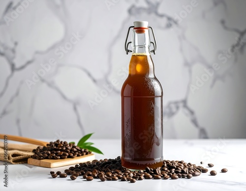 refreshing cold brew coffee bottle and roasted beans