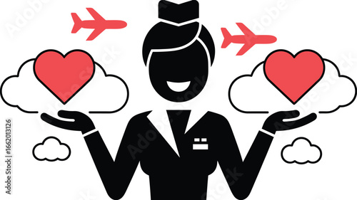 Flight Attendant Silhouette with Hearts, Airplane, and Cloud Vector Illustration on Transparent Background.
