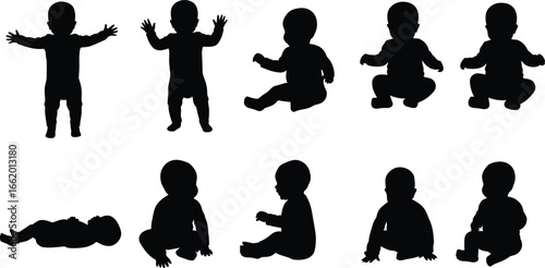 Baby silhouette poses in various positions—standing, sitting, lying down, squatting—child movement stages, infant development, vector illustration, black outlin