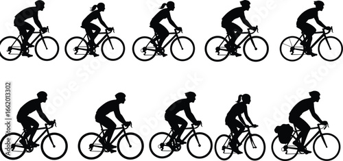 Cyclist silhouettes in various riding positions, black vector figures on bicycles, posture variation, sports activity, outdoor motion, minimal design illustration