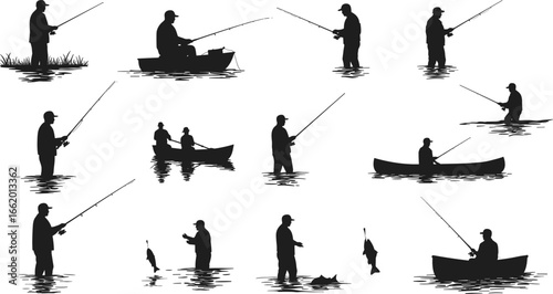 Fishing silhouettes of people with rods, boats, and caught fish in water, shore, lake, outdoor activity, hobby, vector illustration