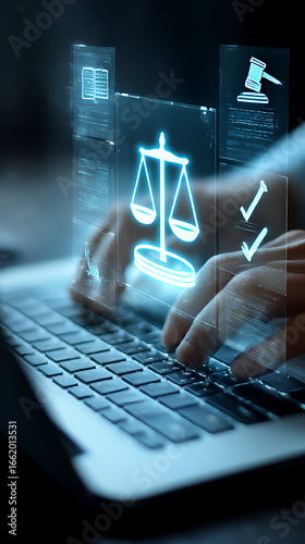 Person using laptop with glowing digital scales of justice and legal icons court judgment