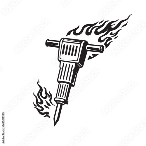 Black and white illustration of a jackhammer with flames graphic design element