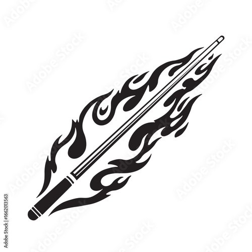 Black and white illustration of a flaming pool cue graphic design element on white background