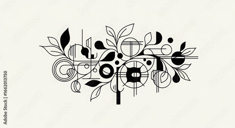 Abstract botanical illustration featuring intricate linework geometric shapes and organic leaf motifs in a balanced composition Abstract botanical illustration featuring intricate linework geometric shapes and organic leaf motifs in a balanced composition