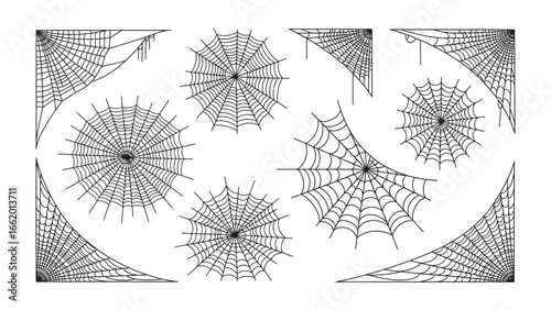 Spiderweb Patterns: a captivating collection of intricate spiderweb designs, with diverse formations perfect for conveying themes of complexity, Halloween or eerie themes.