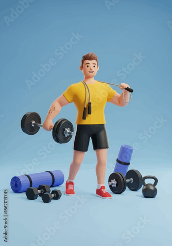 A fit man in athletic wear holds a barbell and jump rope, surrounded by various gym equipment like dumbbells and yoga mats, ready for a workout.