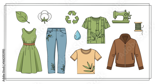 Sustainable Fashion and Textile Production: An Illustration of Eco-Friendly Apparel and Manufacturing Processes Depicting Recycled and Organic