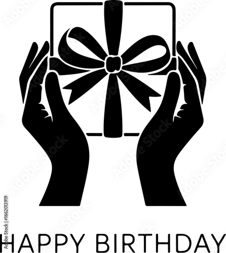 black silhouette of a pair of hands elegantly wrapping a gift box with ribbon 
