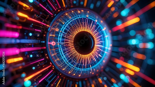 Abstract digital eye with glowing neon light trails and circuit patterns representing artificial intelligence and futuristic technology