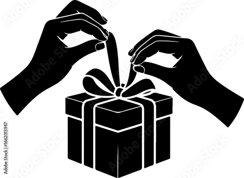 black silhouette of a pair of hands elegantly wrapping a gift box with ribbon 